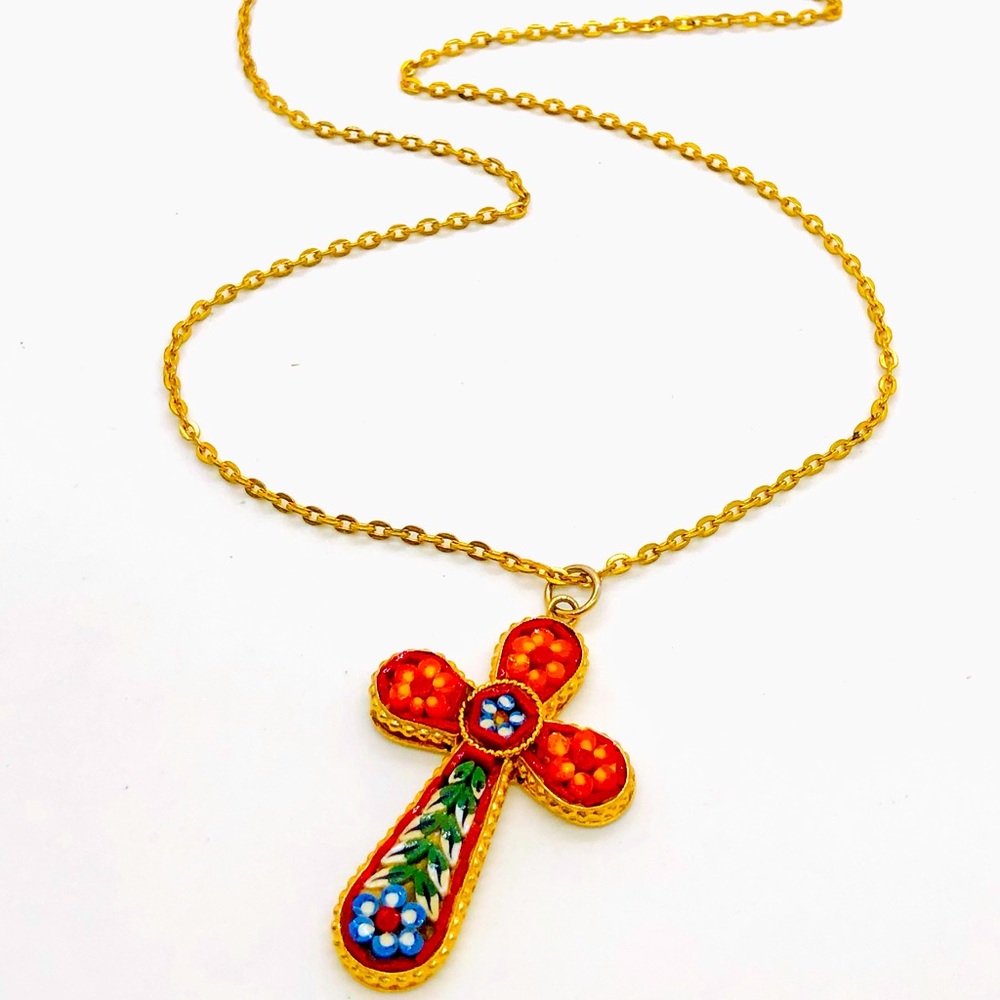 Vintage Micro Mosaic Cross Pendant Necklace ✝️